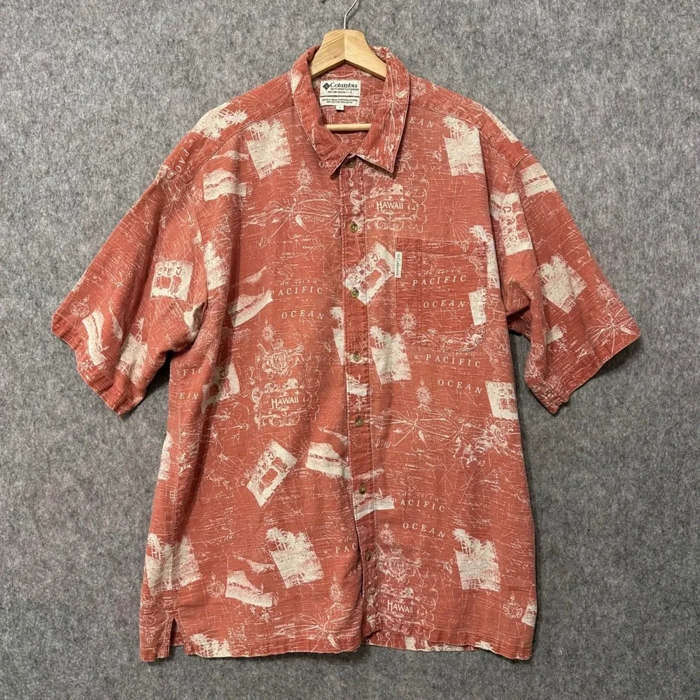 Columbia Sportswear Mens XL Orange Hawaii Pacific‎ Ocean Map Cotton Button Shirt